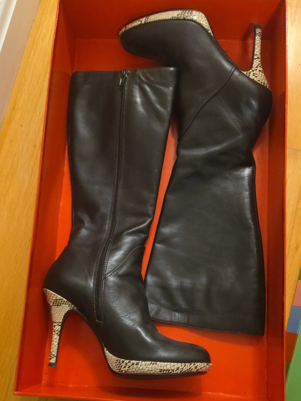 Charles David Black Leather Knee Boots with Snake-Print Heel and Platform